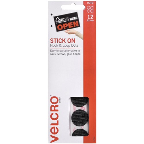 VELCRO® Brand Hook & Loop Spot Fasteners Black 22mm, Pack of 12