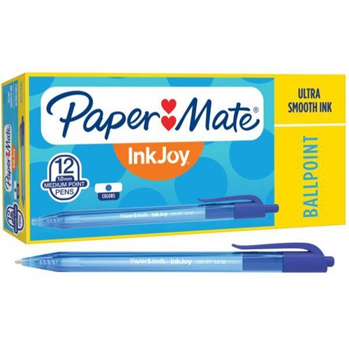 Paper Mate InkJoy 100RT Blue Retractable Ballpoint Pens 1.0mm Medium Tip, Box of 12