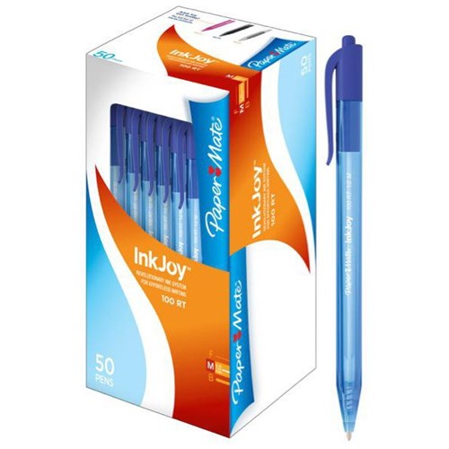 Paper Mate InkJoy 100RT Blue Retractable Ballpoint Pens 1.0mm Medium Tip, Box of 50