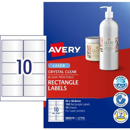 Avery Crystal Clear Rectangular Laser Labels L7113 Clear 10 Per Sheet