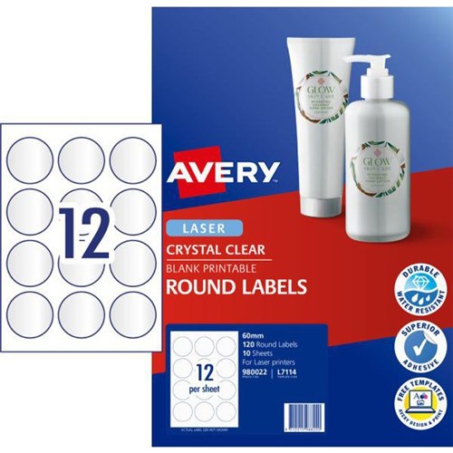 Avery Crystal Clear Round Laser Labels L7114 Clear 12 Per Sheet