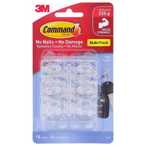 Command™ Adhesive Hooks Mini 225g Clear, Pack of 18