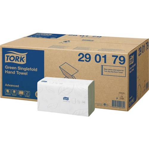 Tork H3 Advanced Singlefold Recycled Hand Towels 2 Ply Green 290179, Carton of 15 Packs