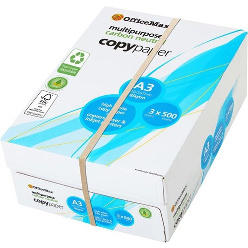 OfficeMax A3 80gsm Carbon Neutral White Copy Paper Recyclable Wrapper, 3 Packs of 500
