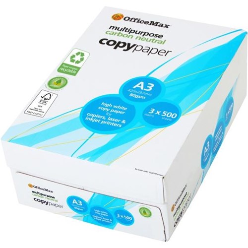 OfficeMax A3 80gsm Carbon Neutral White Copy Paper Recyclable Wrapper, 3 Packs of 500