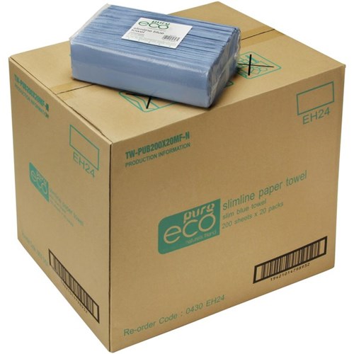Pure Eco Slimline Paper Towel 1 Ply Blue, Carton of 20 Packs of 200