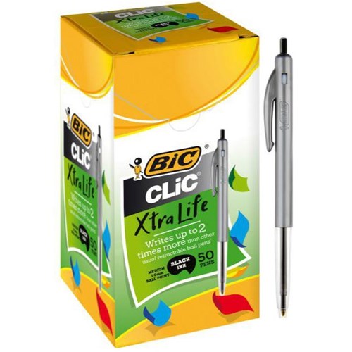 BIC Clic Black Ballpoint Pens 1.0mm Medium Tip Silver Barrel, Box of 50
