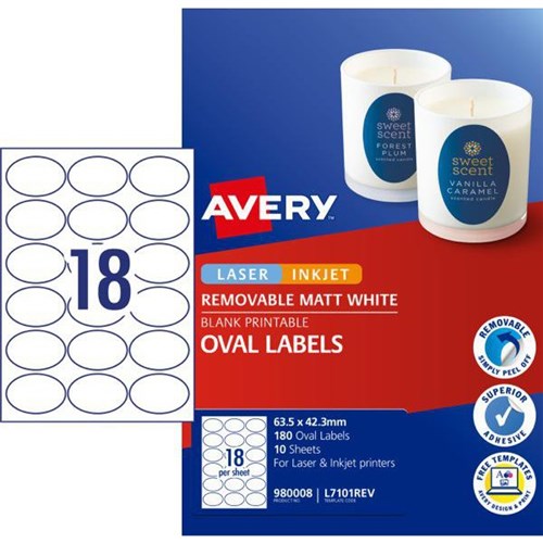 Avery Oval Removable Laser Labels L7101REV White 18 Per Sheet