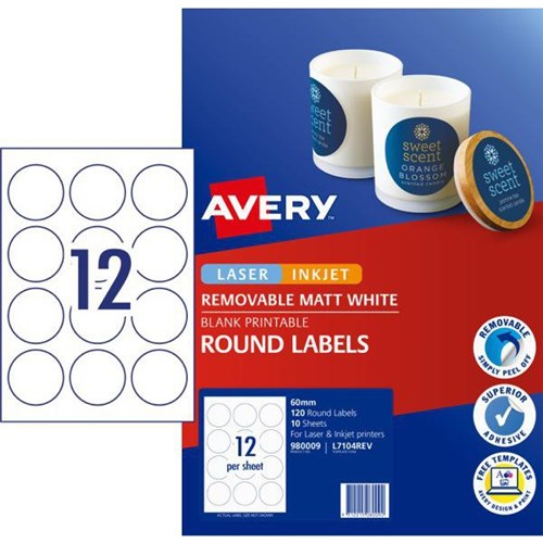 Avery Round Removable Laser Labels L7104REV White 12 Per Sheet