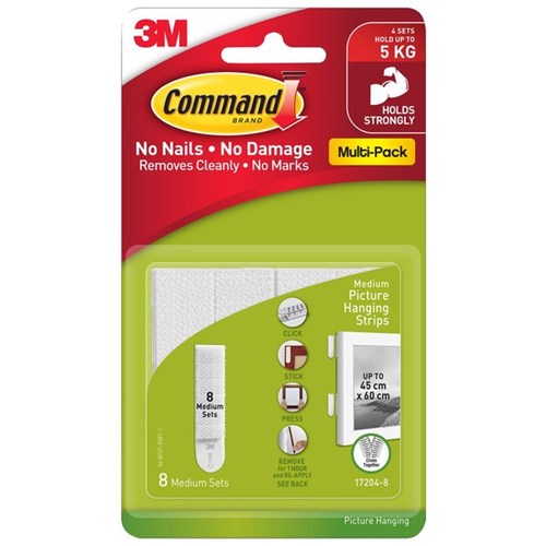 Command™ Picture Hanging Strips 5.4kg Medium, Pack of 8