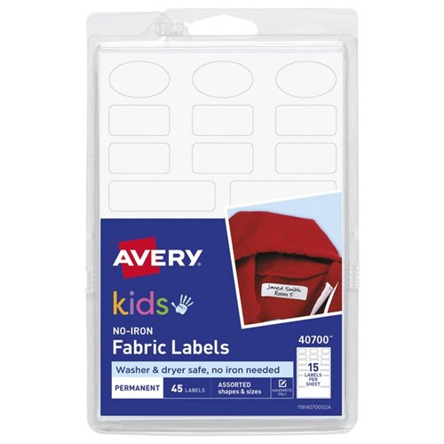 Avery Kids No-Iron Clothing Name Labels Assorted White 15 Per Sheet