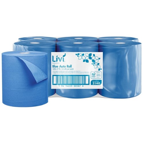Livi Essentials Paper Towel Roll Auto 2 Ply Blue 140m, Carton of 6