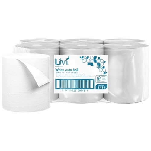 Livi Essentials Paper Towel Roll Auto 2 Ply White 160m 3451, Carton of 6