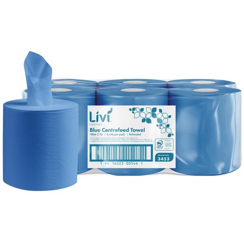 Livi Essentials Centrefeed Paper Towel Blue 2 Ply 180m 3453, Pack of 6