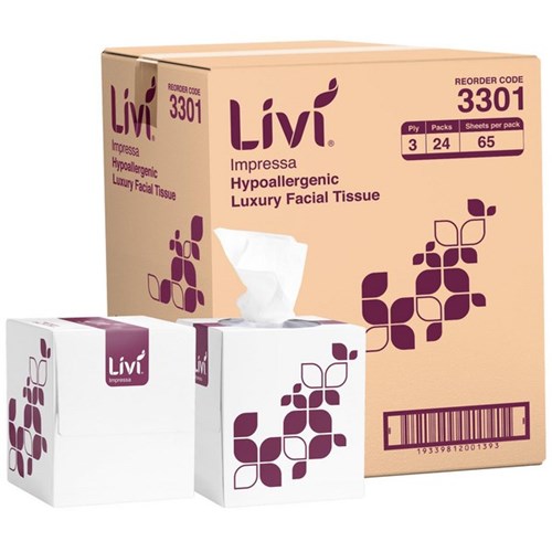 Livi Impressa 3301 Facial Tissues Cube 3 Ply 65 Sheets, Carton of 24