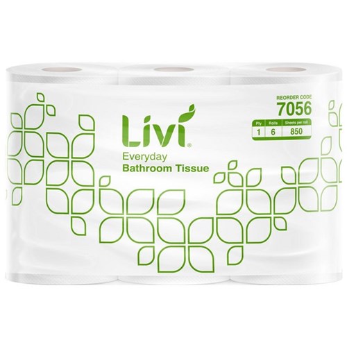 Livi Everyday Toilet Tissue 1Ply 850 Sheets 7056, Carton of 8 Packs of 6