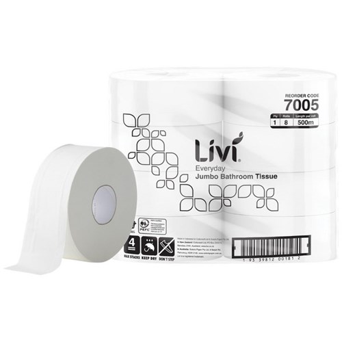 Livi Basics Toilet Paper Jumbo 1 Ply 500m, Carton of 8 Rolls