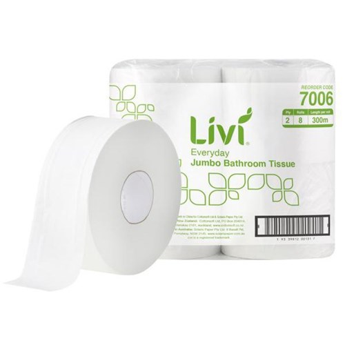 Livi Basics 7006 Toilet Paper Jumbo 2 Ply 300m, Carton of 8 Rolls
