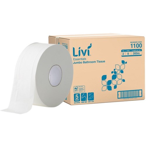 Livi Essentials Toilet Paper Jumbo 2 Ply 300m, Carton of 8 Rolls