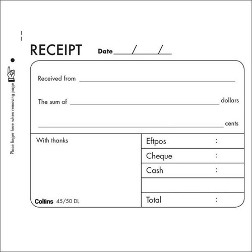 Collins 45/50DL NCR Receipt Duplicate Set of 50
