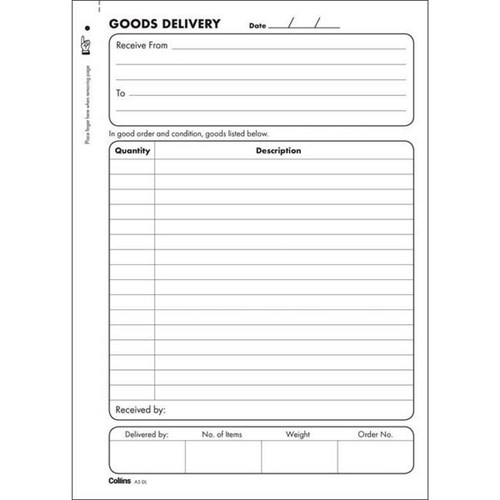 Collins Goods Delivery Receipt Book A5DL Duplicate No Carbon Required Set of 100