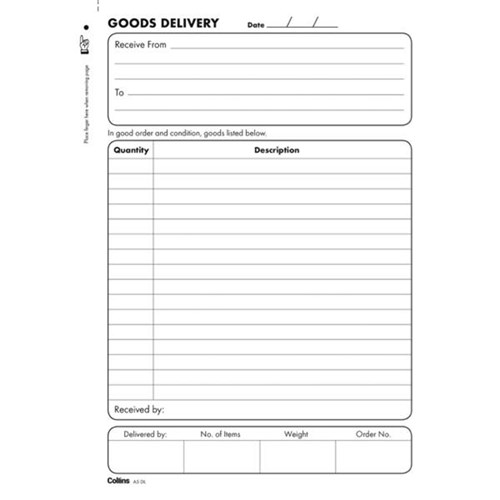 Collins Goods Delivery Receipt Book A5DL Duplicate No Carbon Required Set of 100