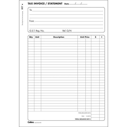 Collins Tax Invoice Book A4/50DL Duplicate No Carbon Required Set of 50
