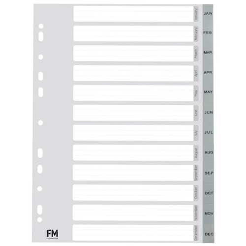 FM Index Dividers 12 Tab Jan-Dec A4 Polypropylene Grey