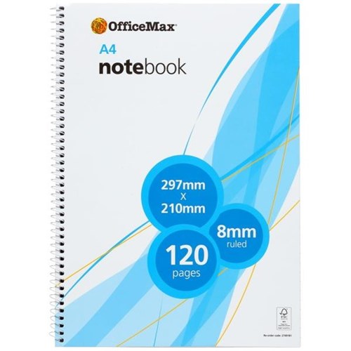 OfficeMax A4 Spiral Notebook 8mm Ruled 120 Pages FSC