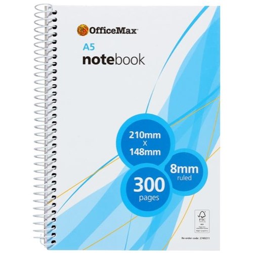 OfficeMax Spiral Bound Notebook OM571 A5, 210x148mm Each