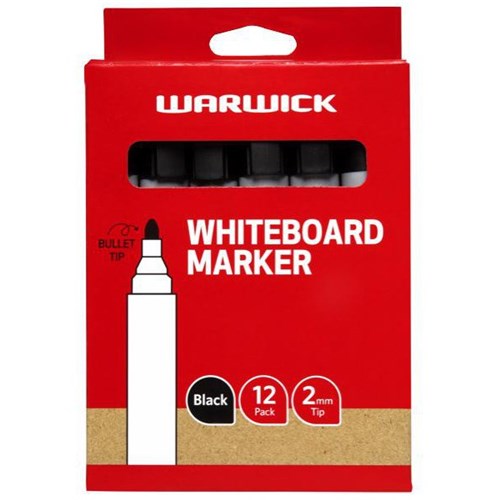 Warwick Black Whiteboard Marker Bullet Tip, Box of 12
