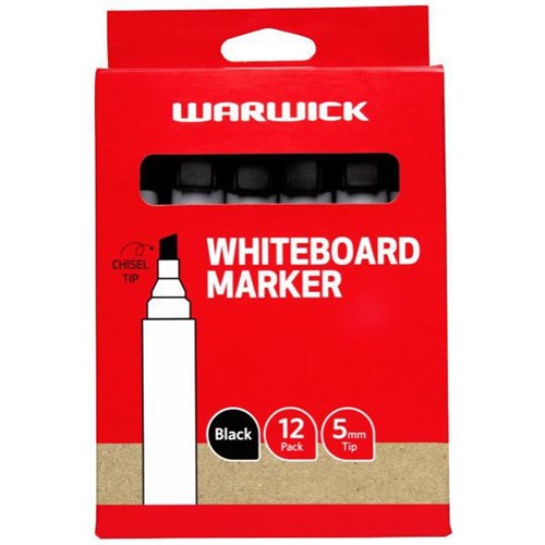Warwick Black Whiteboard Marker Chisel Tip, Box of 12