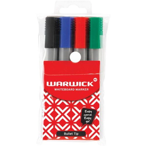 Warwick Whiteboard Marker Bullet Tip Assorted Colours, Pack of 4