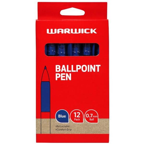 Warwick Blue Retractable Comfort Grip Ballpoint Pens 0.7mm Fine Tip, Box of 12