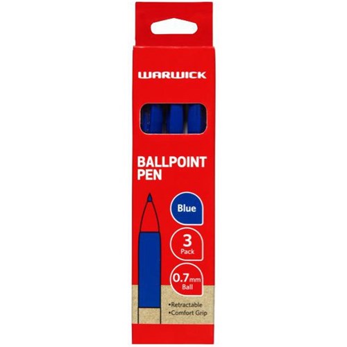 Warwick Blue Ballpoint Pen Retractable Comfort Grip 1.0mm Medium Tip, Pack of 3