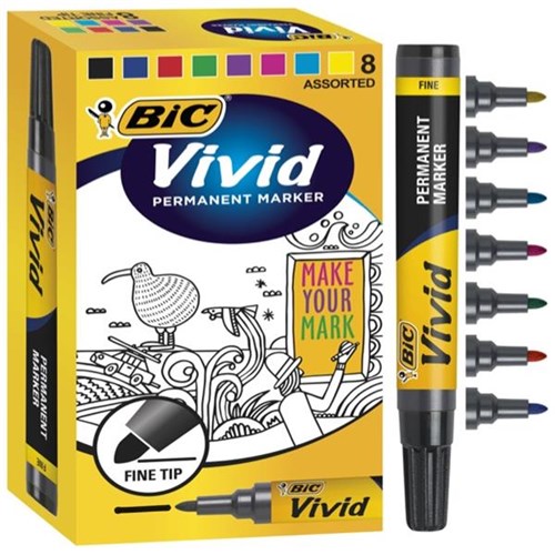 BIC Vivid Assorted Colours Permanent Markers Fine Bullet Tip, Pack of 8