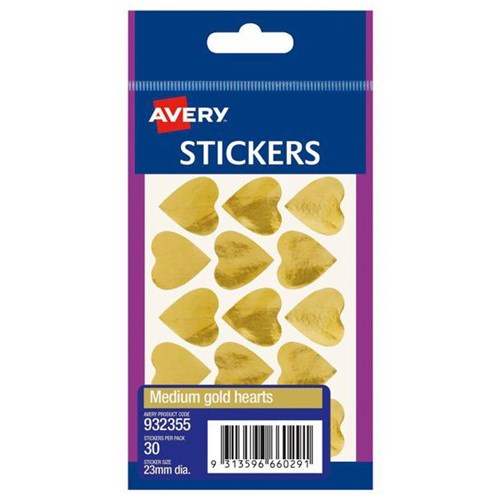 Avery Hearts Stickers Gold, Pack of 30