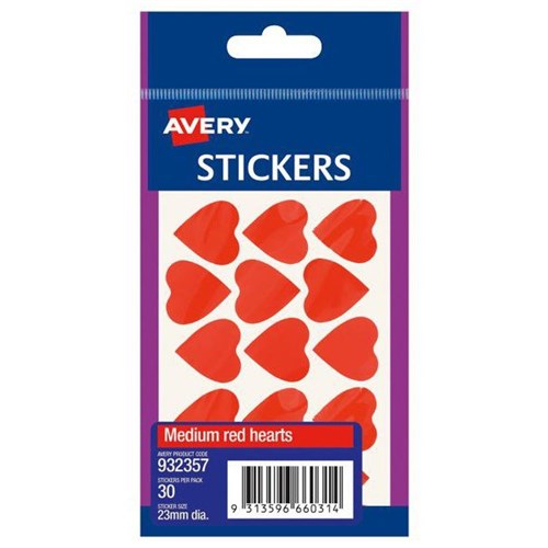 Avery Hearts Stickers Red, Pack of 30