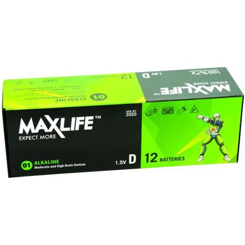 Maxlife D Alkaline Batteries, Box of 12
