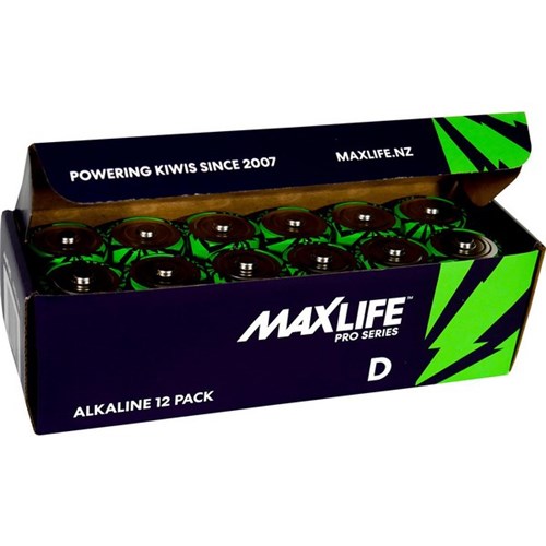 Maxlife D Alkaline Batteries, Box of 12