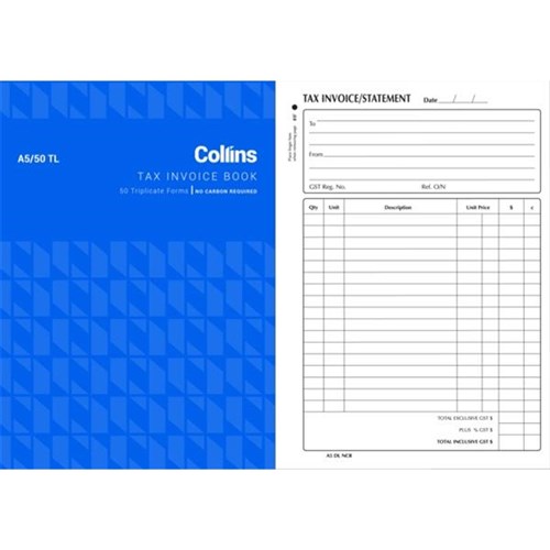 Collins A5/50TL Tax Invoice Book NCR Triplicate 50 Sets