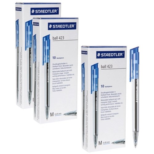 Staedtler 423 Blue Retractable Ballpoint Pen Medium Tip, 3 x Box of 10