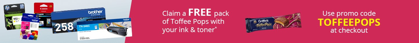 Claim a FREE pack of Toffee pops with your ink & toner*. Use promo code TOFFEEPOPS at checkout. Shop now.