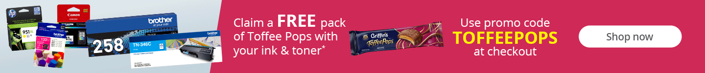 Claim a FREE pack of Toffee pops with your ink & toner*. Use promo code TOFFEEPOPS at checkout. Shop now.