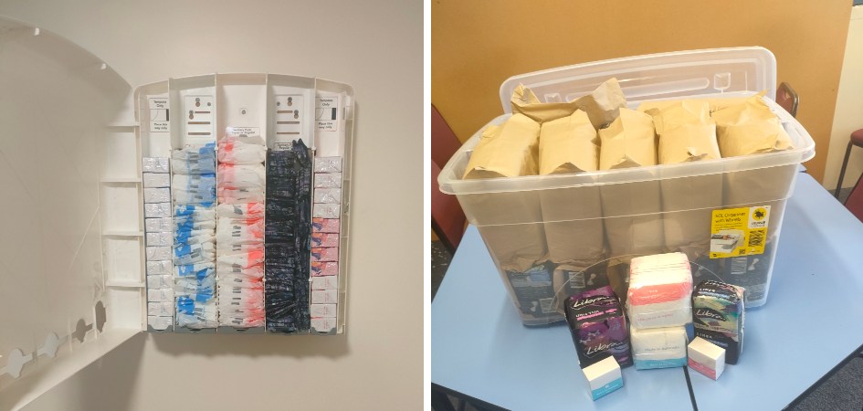 Period products in the dispenser, and packed in brown bags stored in a box 